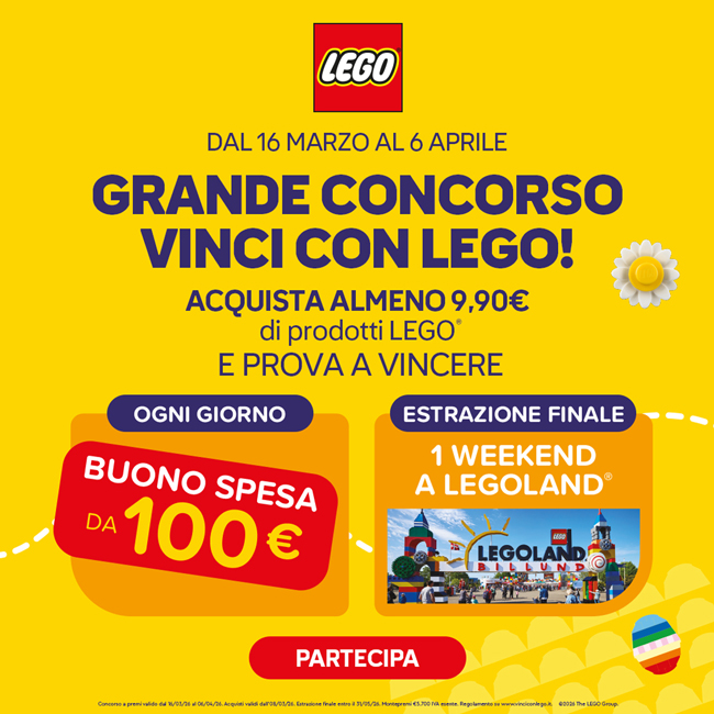 Concorso Vinci con LEGO Pasqua 2026: buoni spesa e weekend a LEGOLAND in palio
