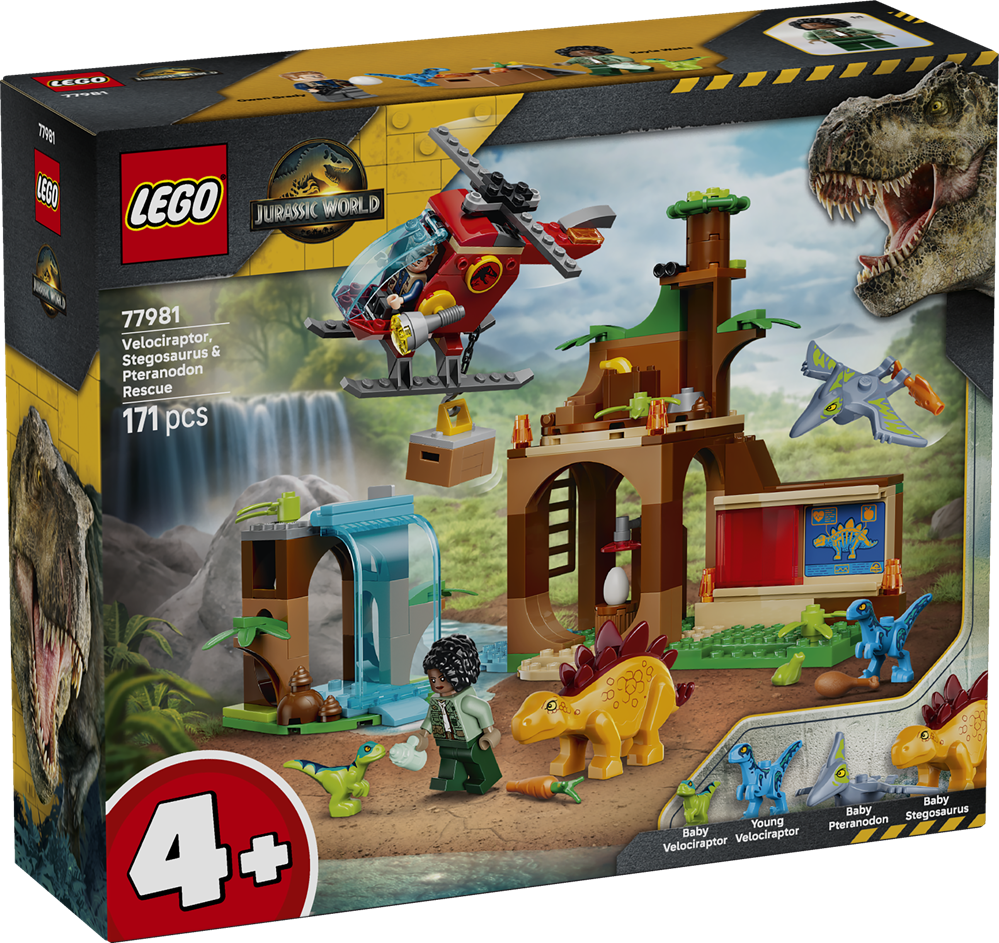 LEGO JURASSIC WORLD SALVATAGGIO DI VELOCIRAPTOR, STEGOSAURO E PTERANODONTE 77981